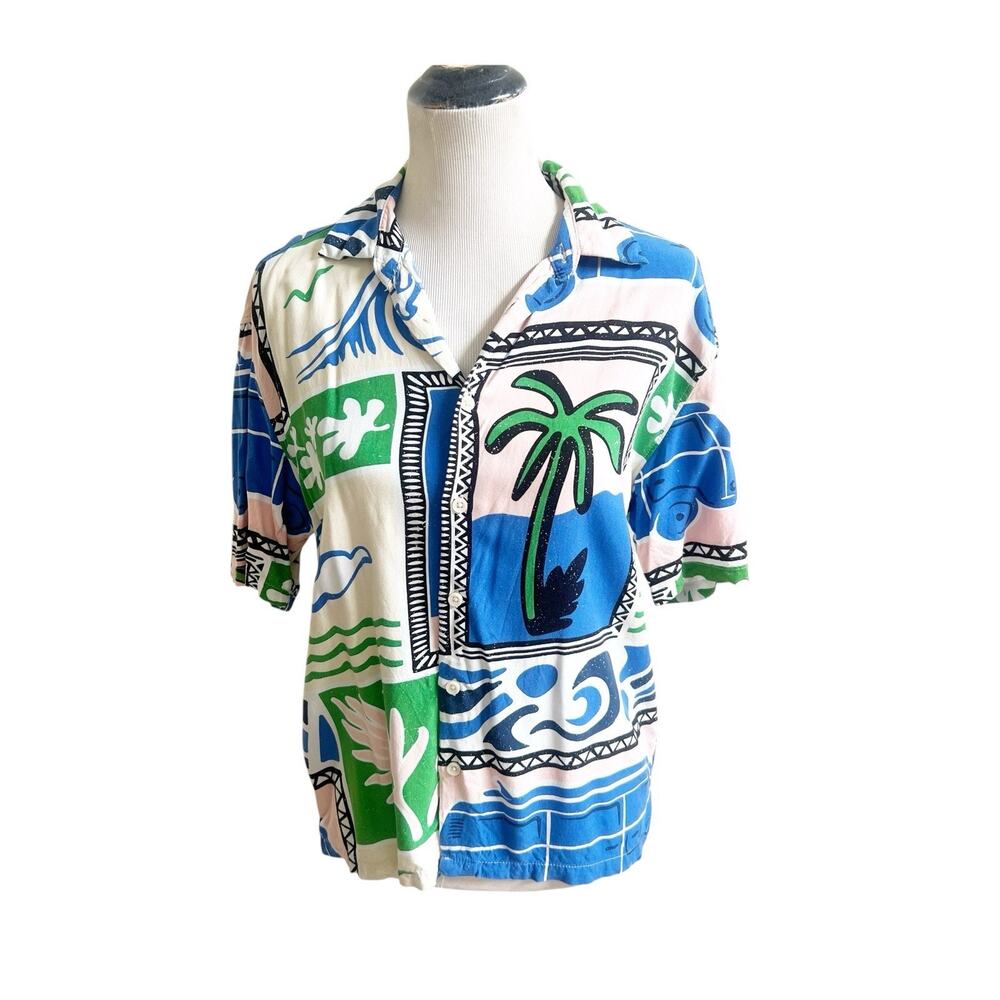 Berksha Men’s Graphic Palm Tree Button Down Short Sleeve Size Medium Colorful
